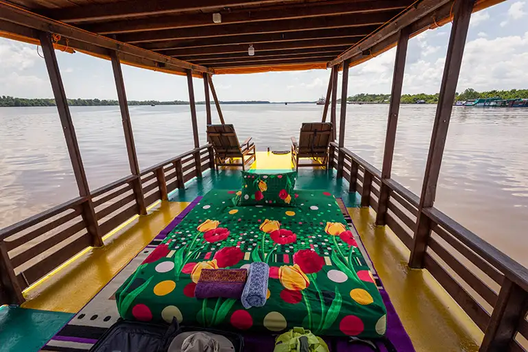 The middle deck of the boat on an orangutan safari in Tanjung Puting National Park. 